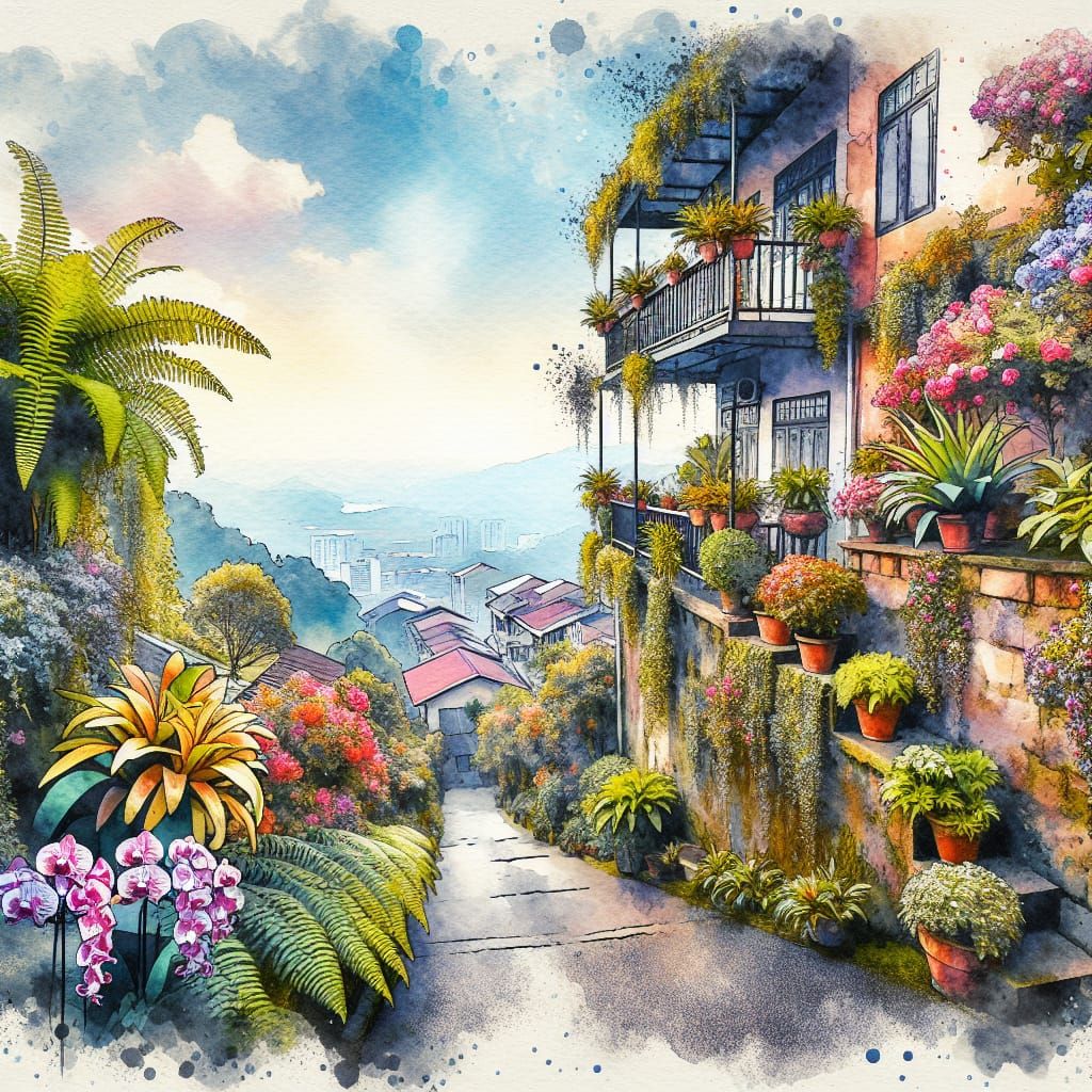 Watercolor Landscape of Malaysian Alley with Flowers