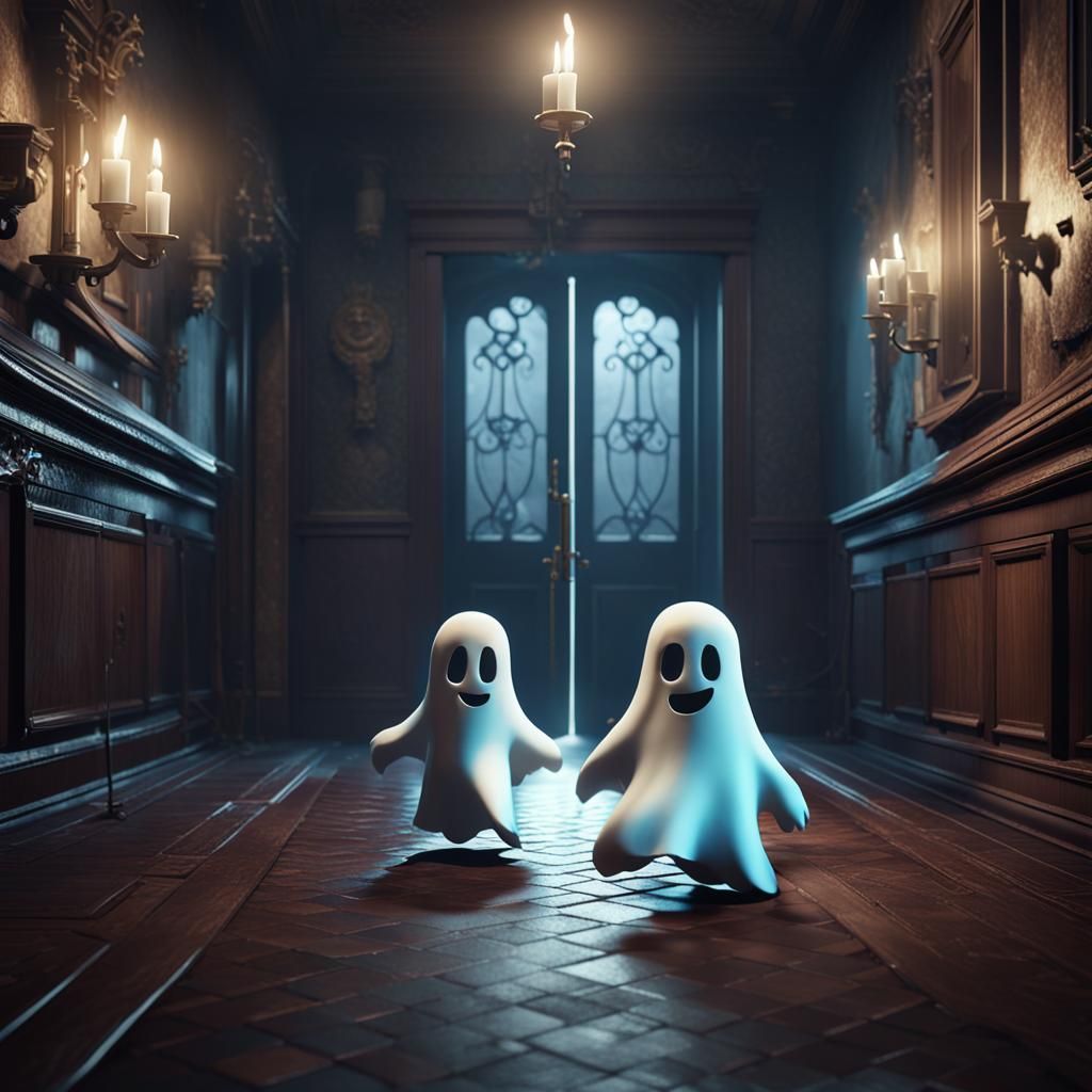 Cute Ghosts Play in Haunted Mansion, 3D Render