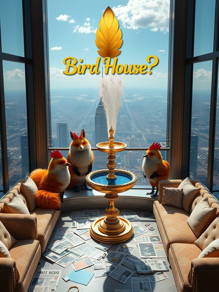 Luxurious Penthouse with Cartoon Foxes in Hyperrealistic Sty...