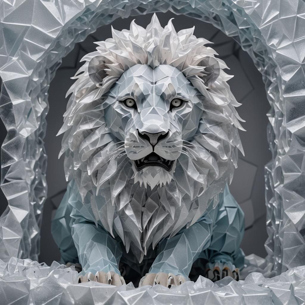 Large lion made of ice with neon irr Origami paper folds pap...