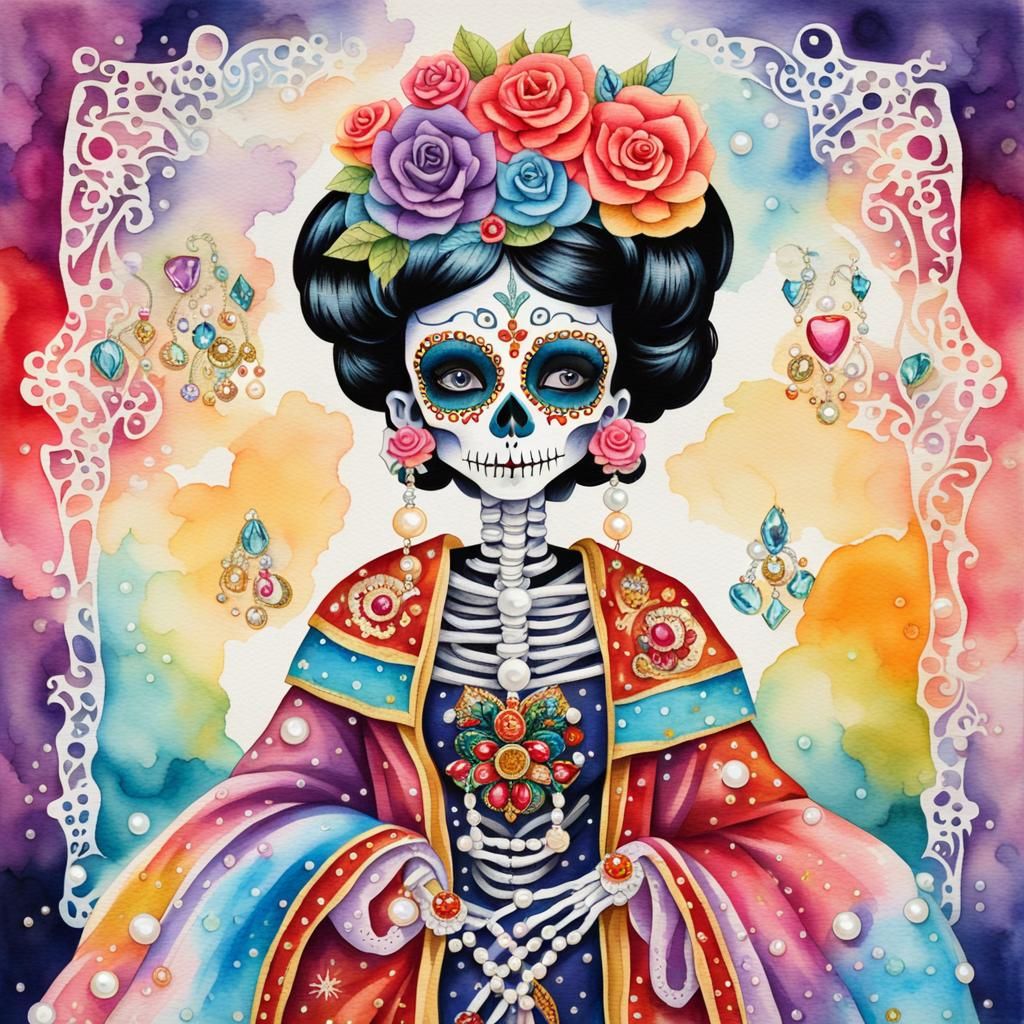 Ornate Sugar Skull Skeleton in Watercolor Style