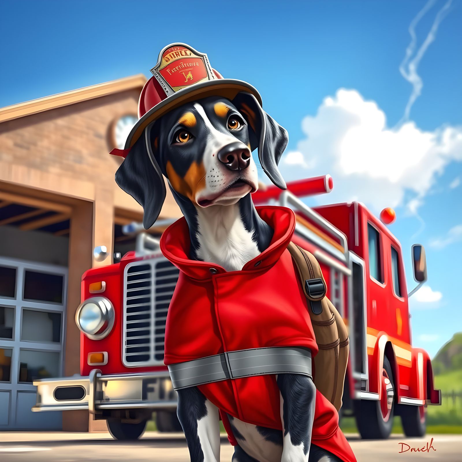 Heroic Bluetick Hound Firefighter in Action