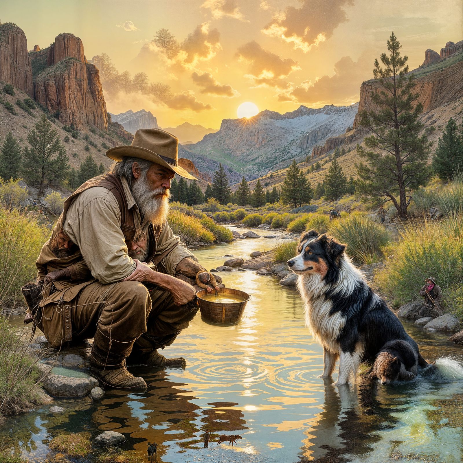 Old Prospector and Collie in Mountainous Landscape