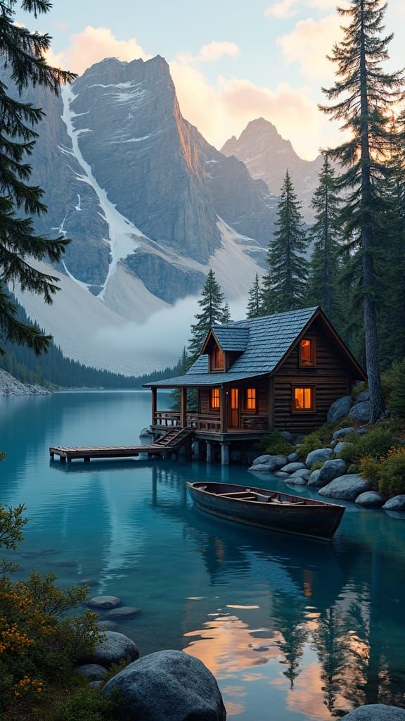 Secluded Lakeside Cabin at Sunset in Matte Painting Style