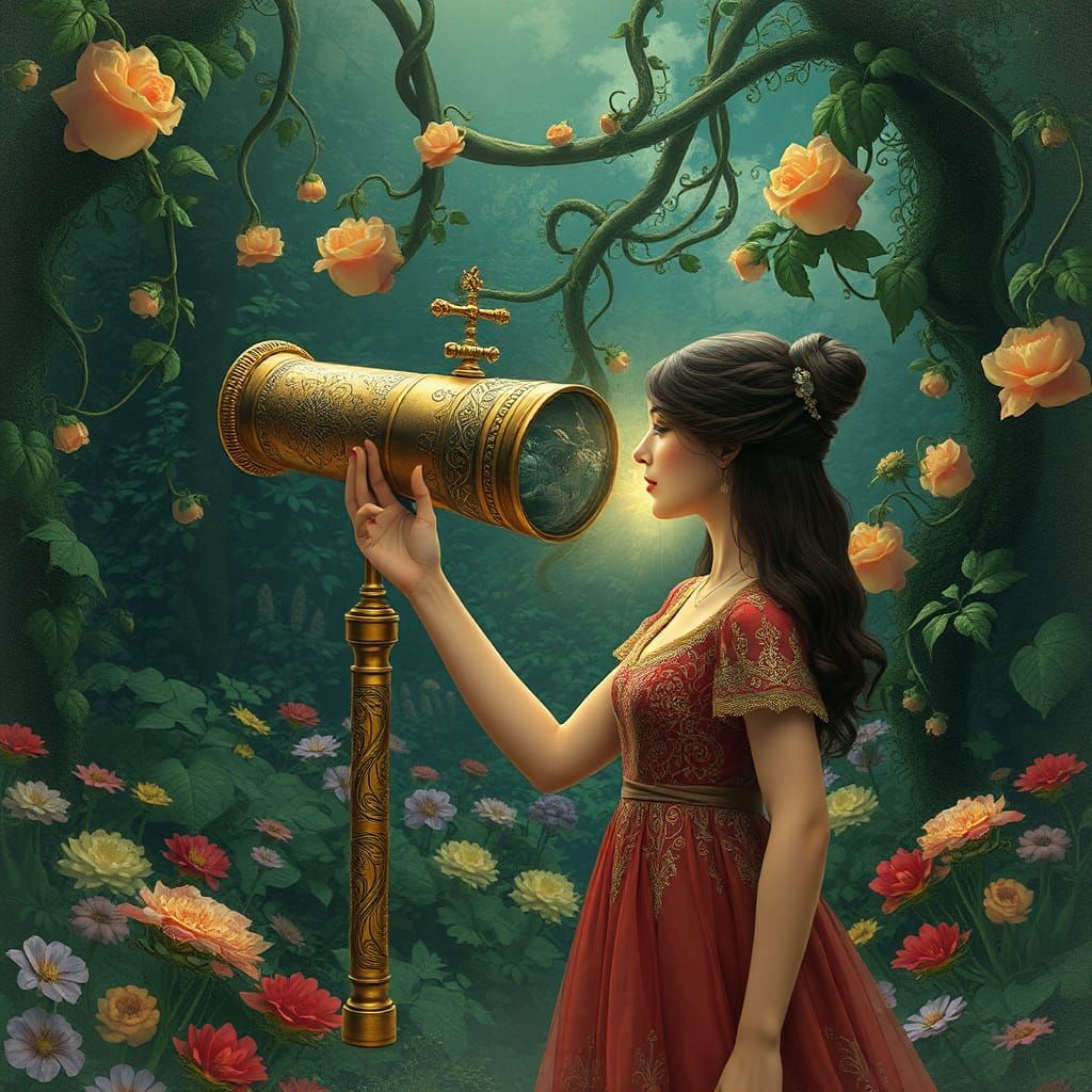 Woman Gazing Through Tomatoscope in Dreamlike Garden