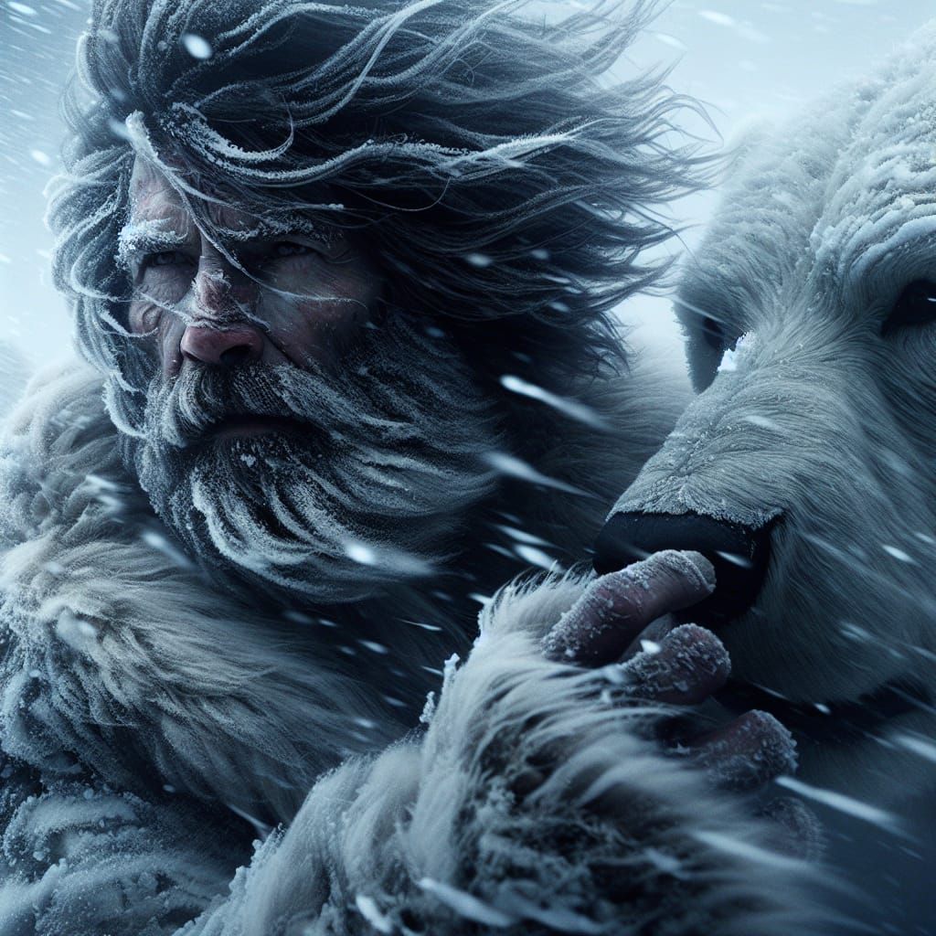 Inuit Man and Polar Bear in Harsh Snowstorm