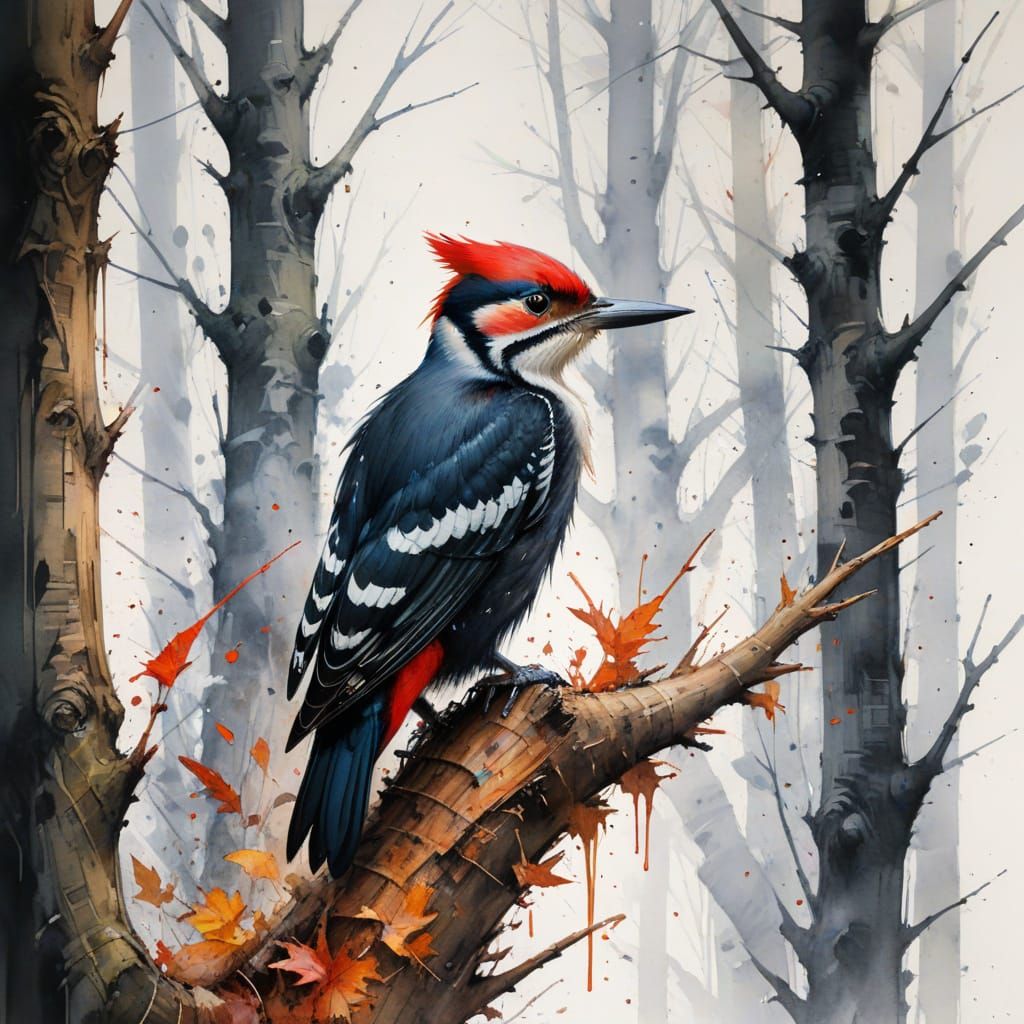 Pileated Woodpecker in Forest, Watercolour Painting