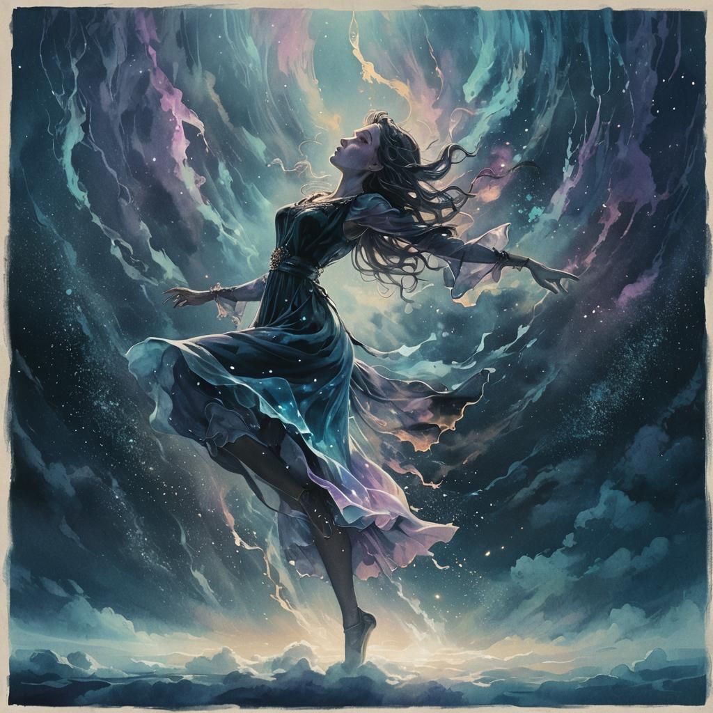 Dancing Witch in Noctilucent Clouds: Ethereal Digital Art