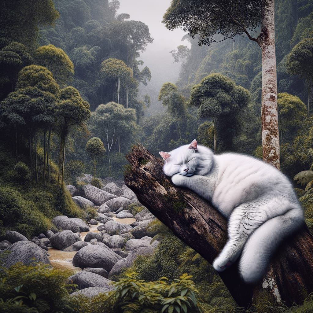 Giant Fluffy Cat Dominates Impressionistic Landscape