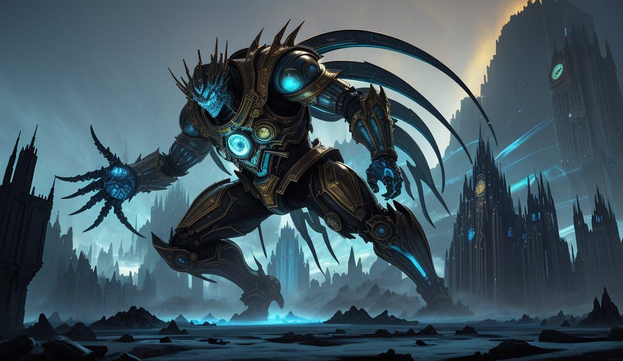 Colossal Clockwork Villain in Frozen City: Surreal Sci-Fi