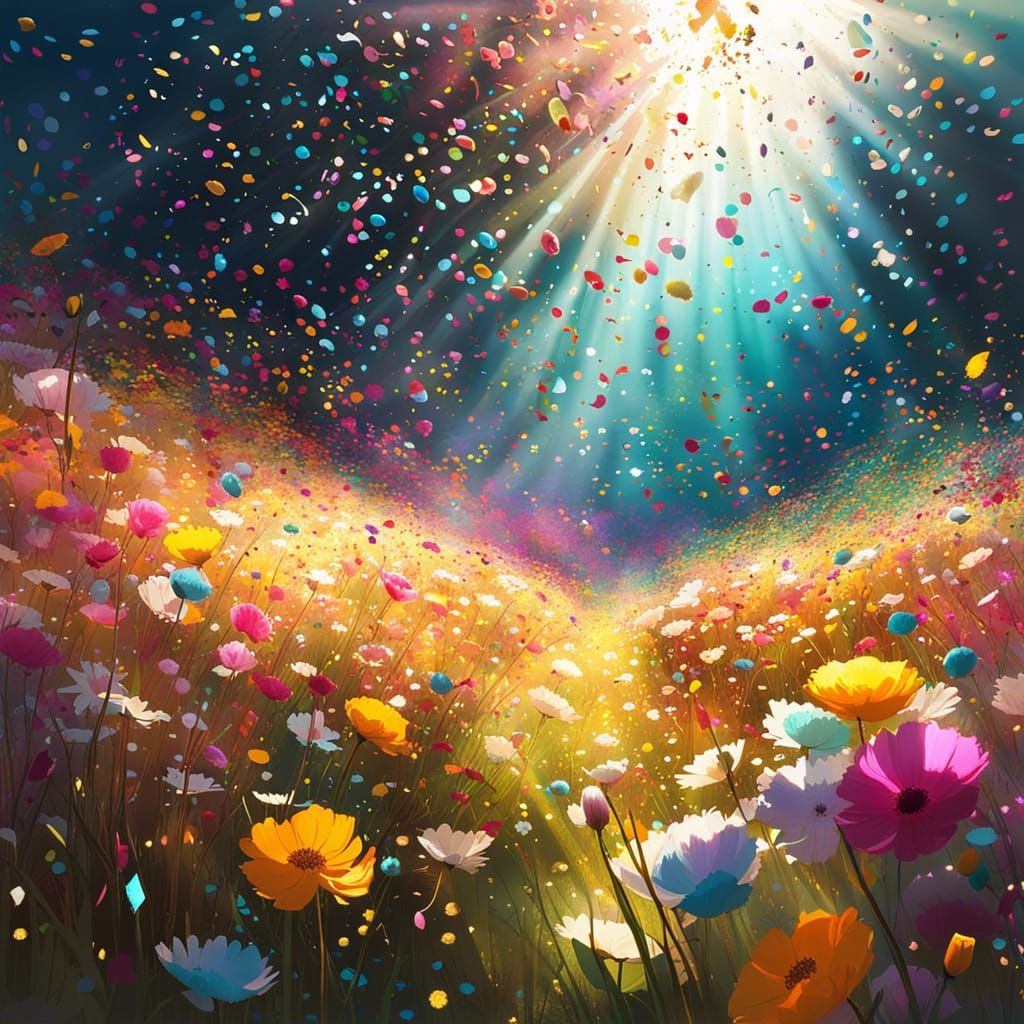 Confetti Flowers in Sunny Field: Highly Detailed Photo