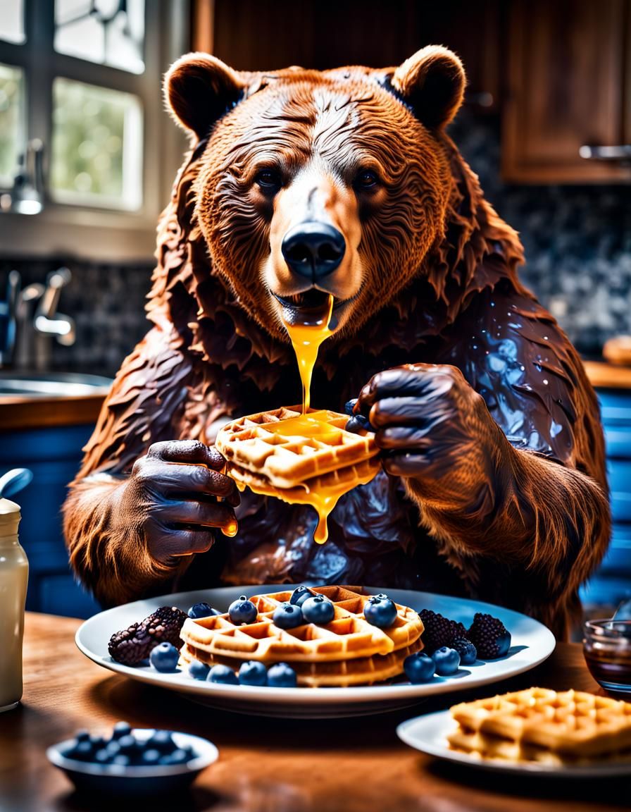 Hyperrealistic Portrait of Obese Bear Eating Waffles
