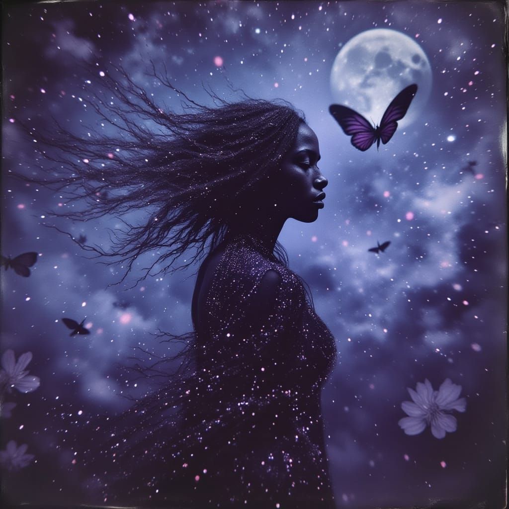 Fae Witch in Cosmic Meteorshower, Detailed Digital Art