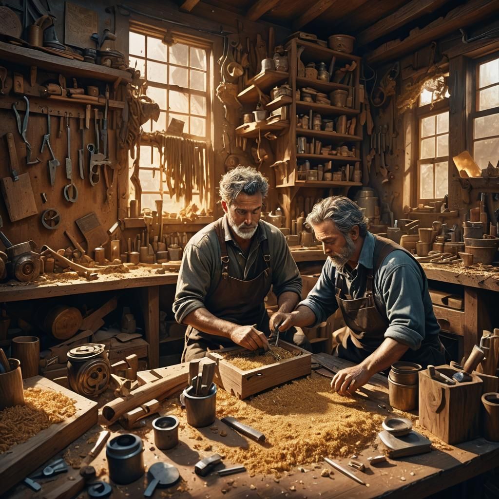 Artisan Sculpting Wood in a Fantastical Workshop