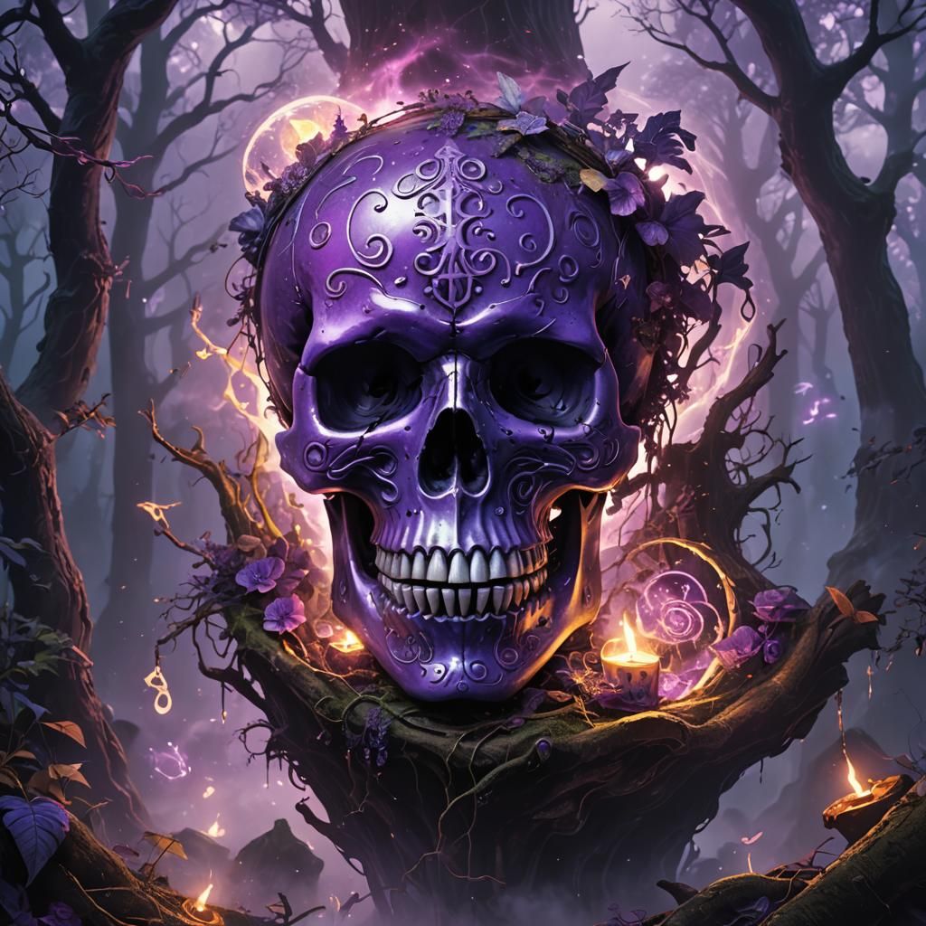 Glowing Violet Halloween Skull in Mystical Forest
