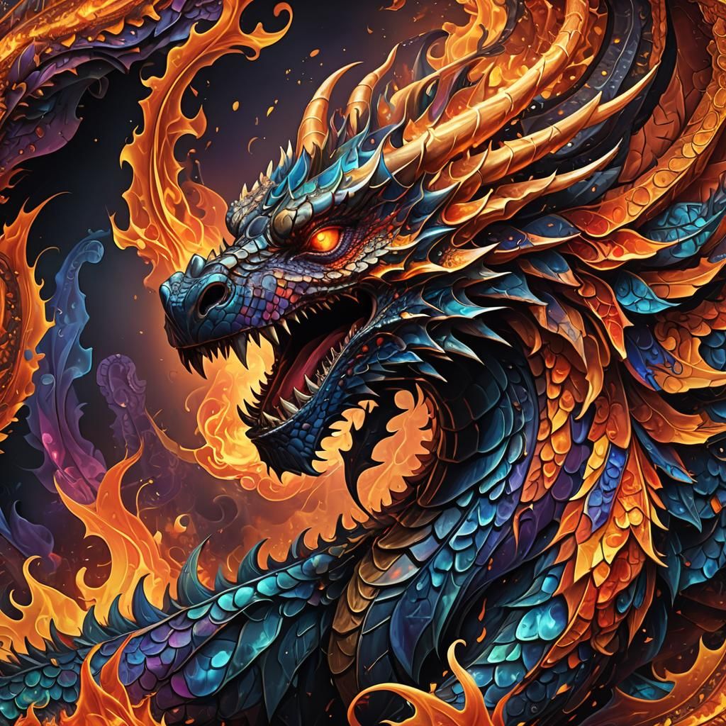 Fiery Dragon Head in Abstract Vector Fractal