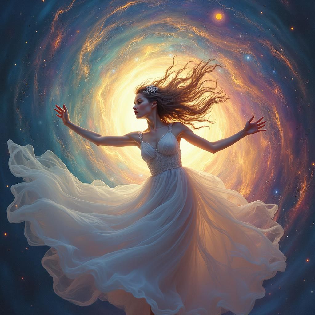 Ethereal Woman Pulled Through Iridescent Vortex