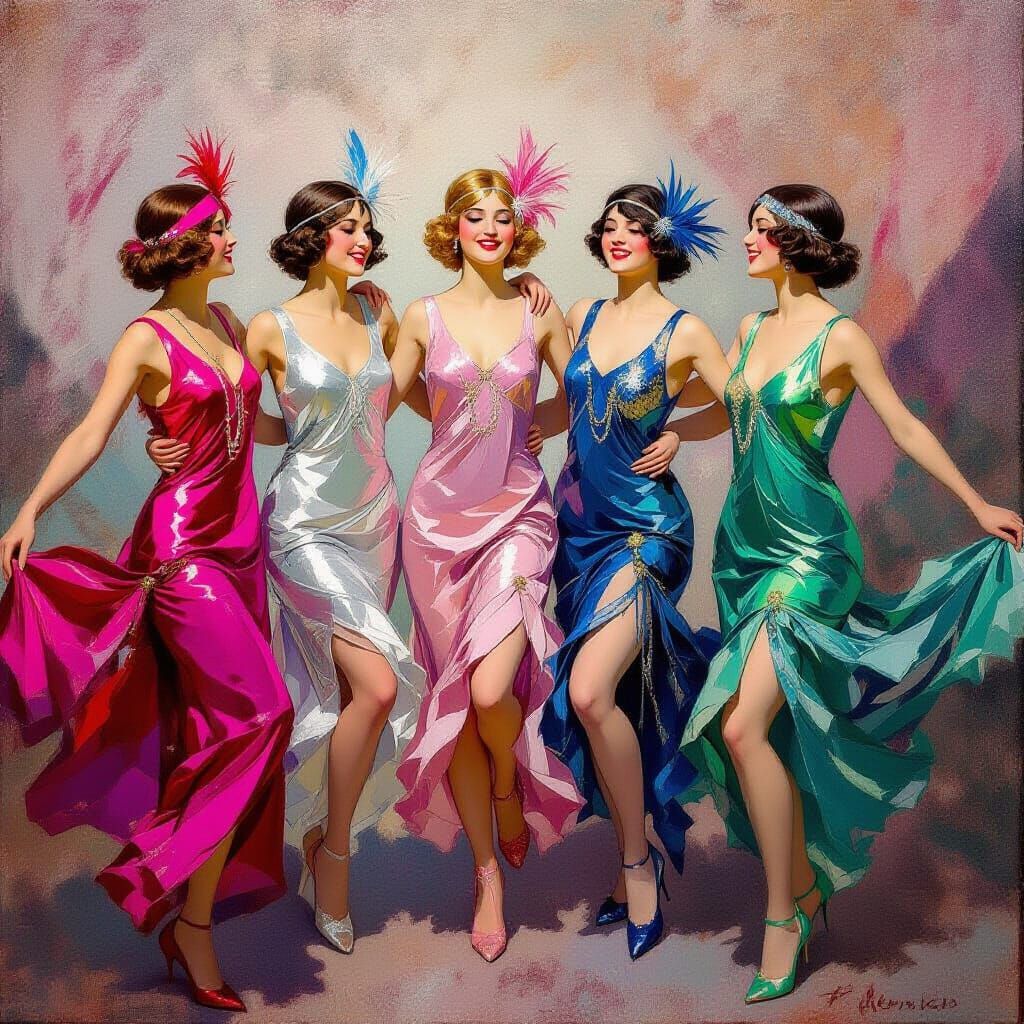Flapper Girls Dancing in Oil Painting Style