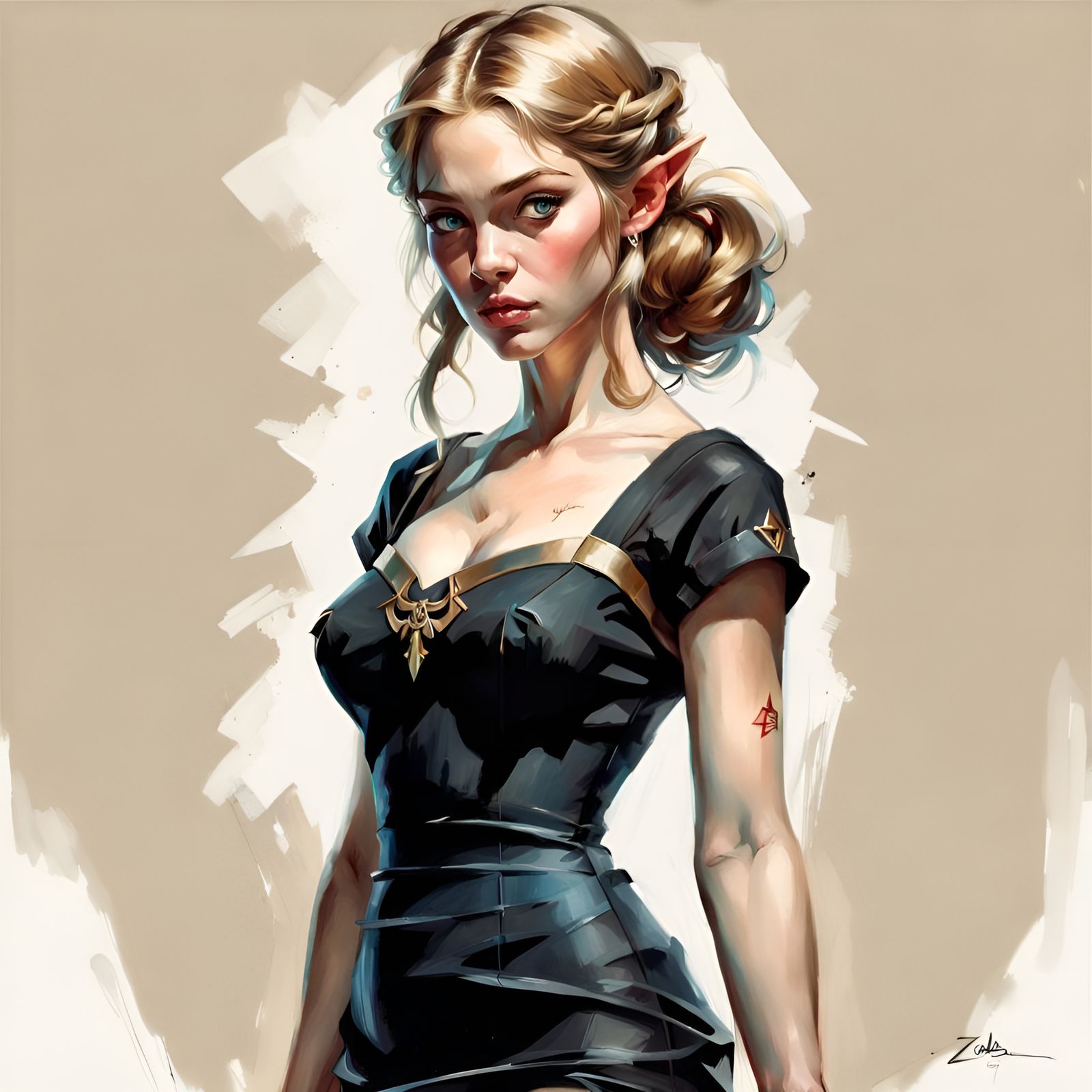 Zelda in Black Dress: Hyperrealistic Pin-Up Portrait