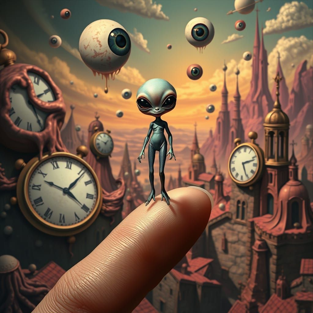 Tiny Alien Woman on Finger in Surreal Dalí-esque World