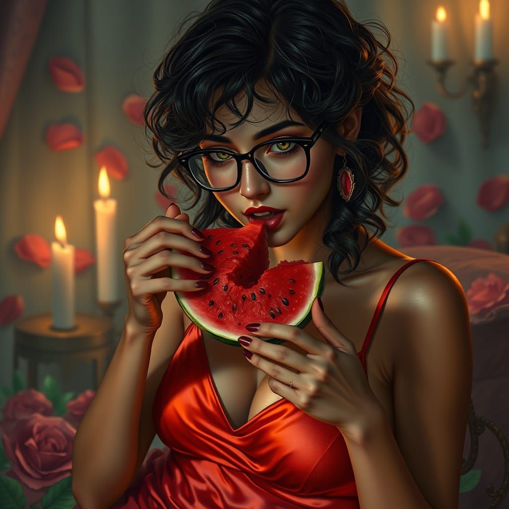 Sensual Woman with Watermelon in Dreamy Setting