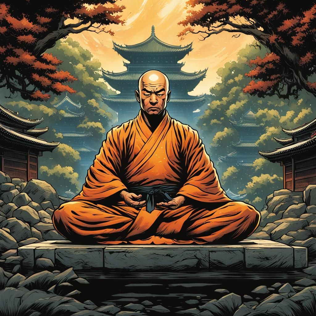 Shaolin Kung Fu Master Meditating in Comic Book Style