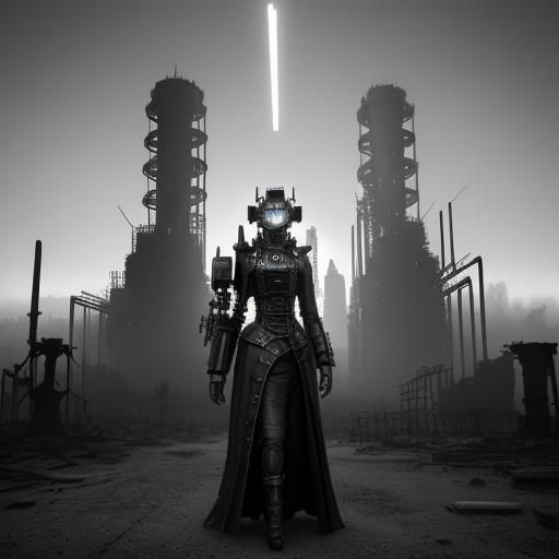 Goth Model with Robot in Black and White Steampunk