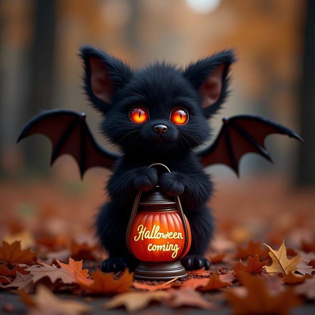Halloween Bat with Lantern and Autumn Leaves