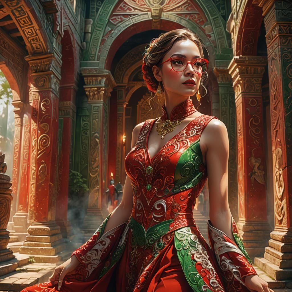 Lady in Red in Ancient Temple: Digital Fantasy Art