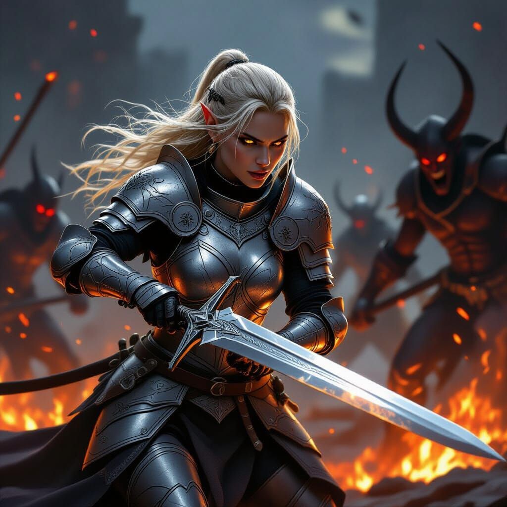 Elven Knight Charges into Battle, Digital Art