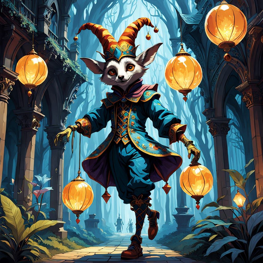 Vibrant Jester in Whimsical Medieval Setting
