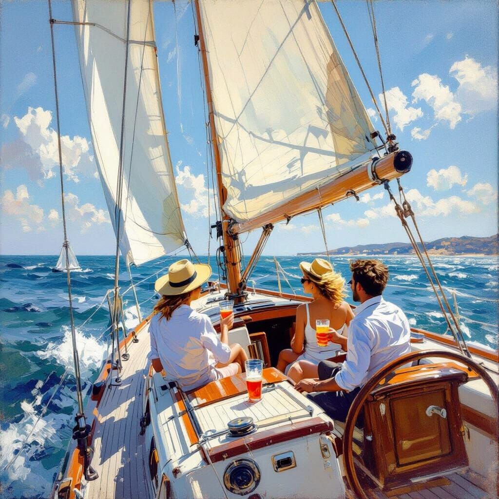 Sailboat on Open Water in Impressionist Style