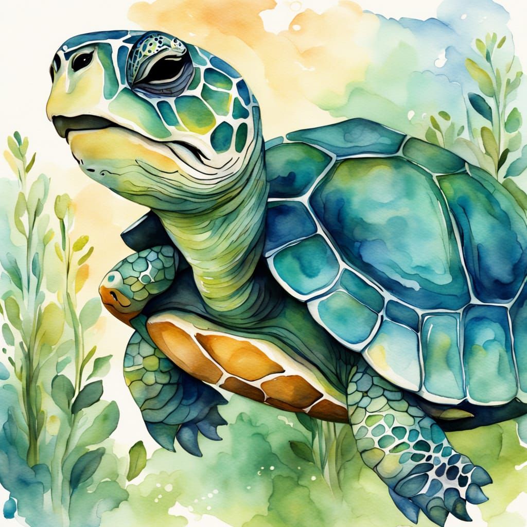 Whimsical Turtle Sings Lullaby to Baby in Watercolor