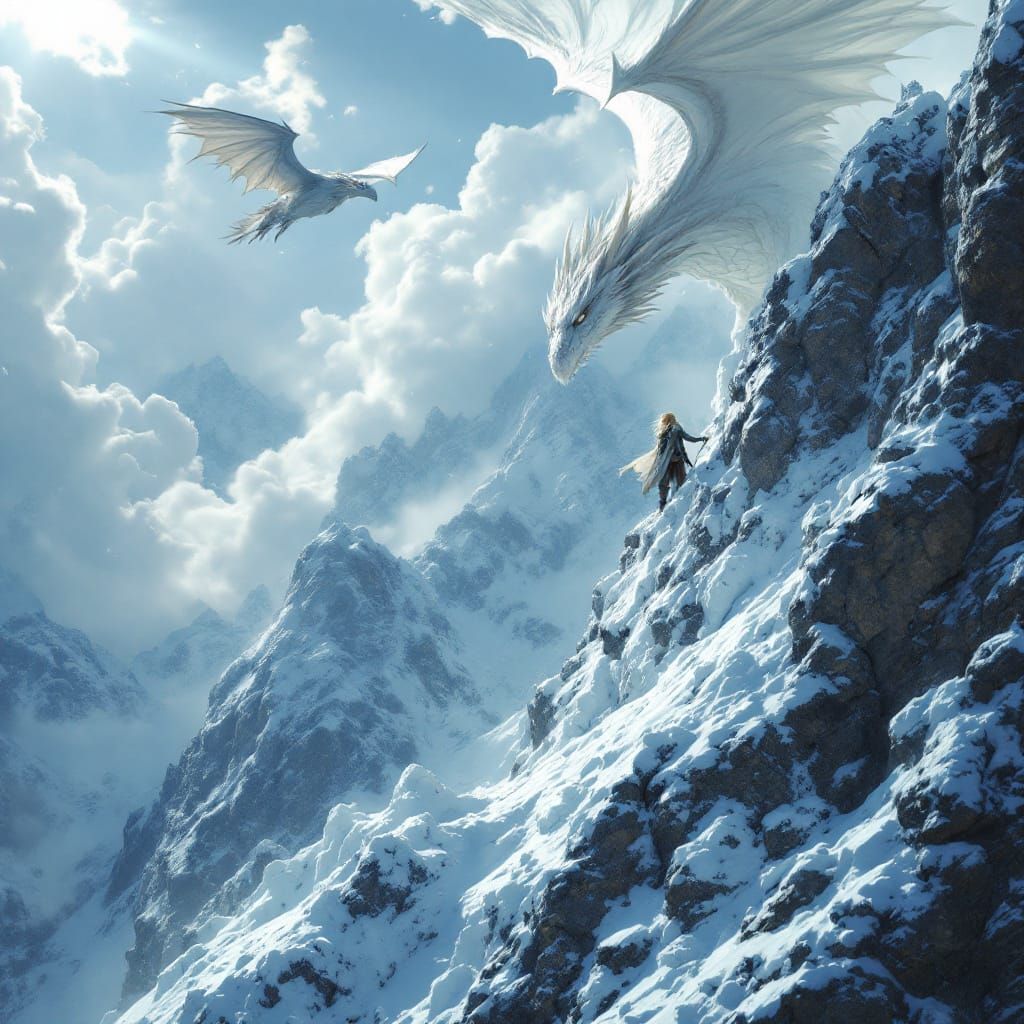Elf Adventurer Scales Icy Peak With Dragon Overhead