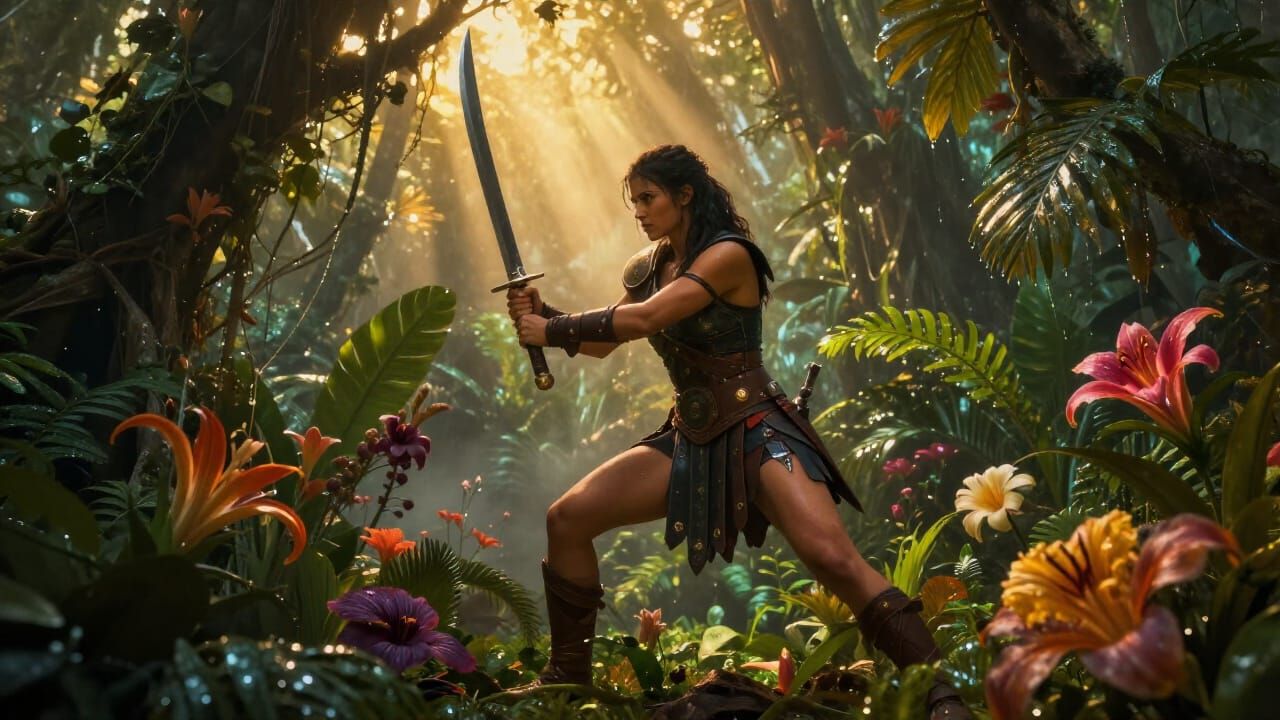 Female Gladiator Sharpens Gladius in Ethereal Jungle