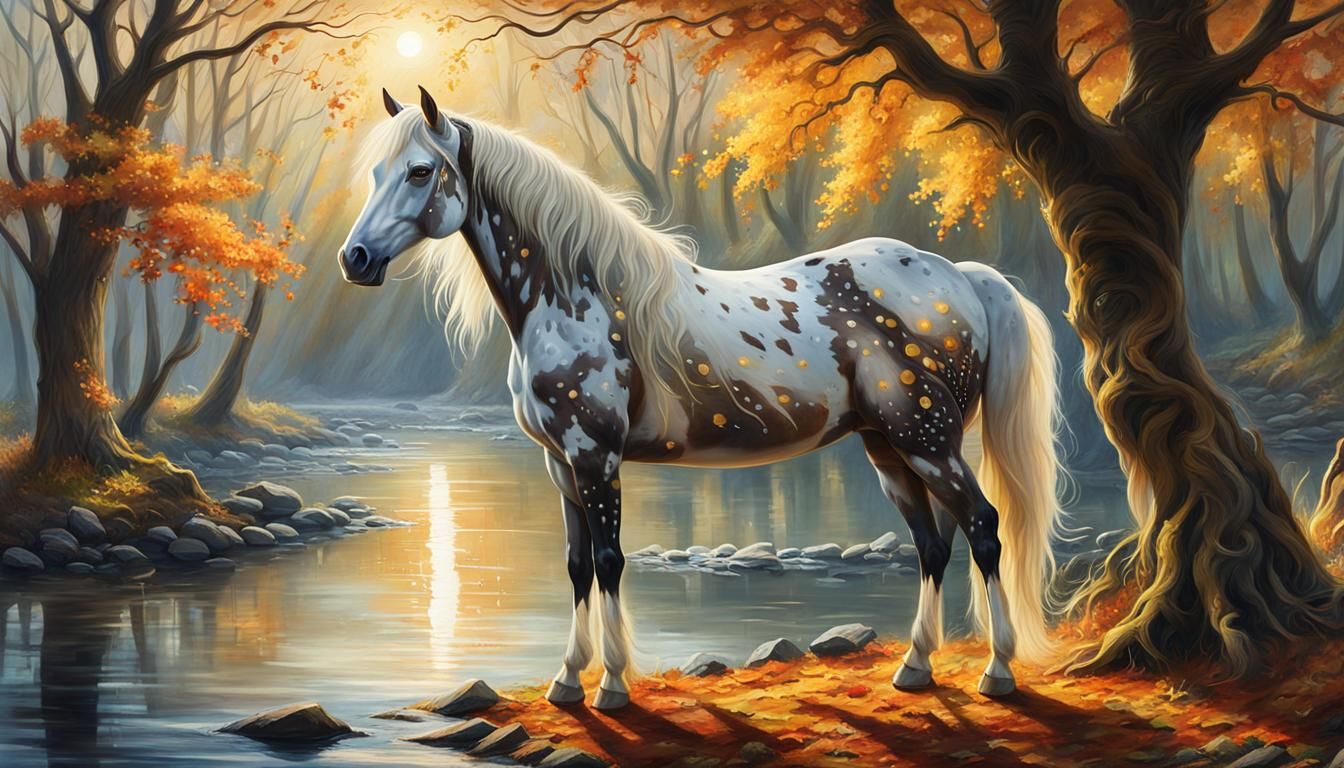 Appaloosa Horse by River in Fantasy Oil Painting