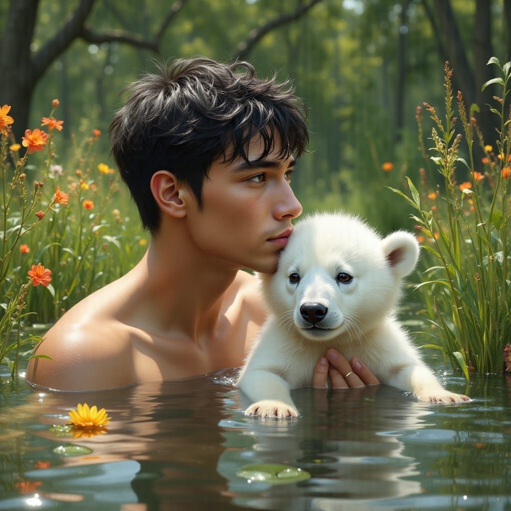 Byron and Percy swimming in a late Summer pond.