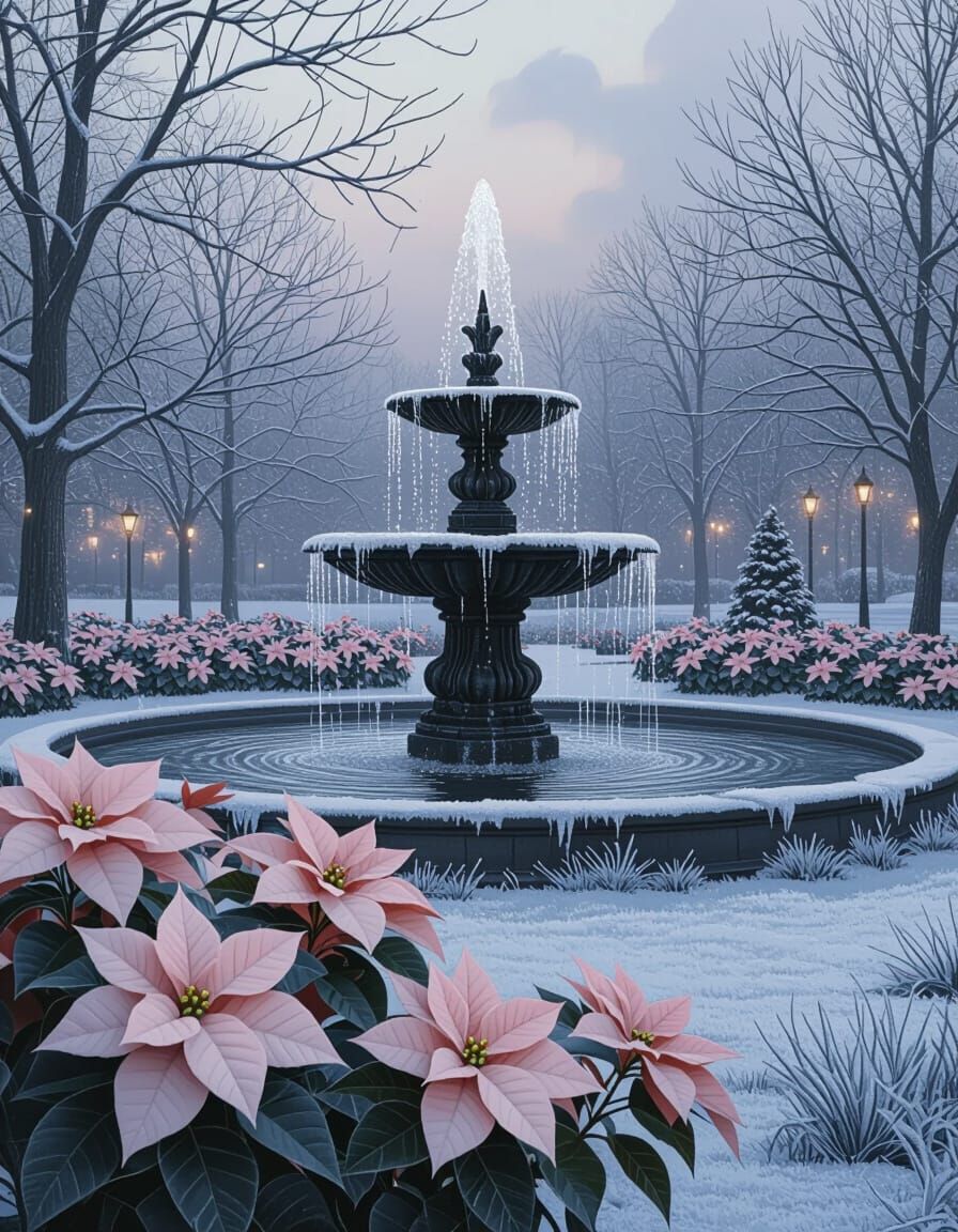 Frozen Fountain in Park with Poinsettias, Digital Matte Pain...
