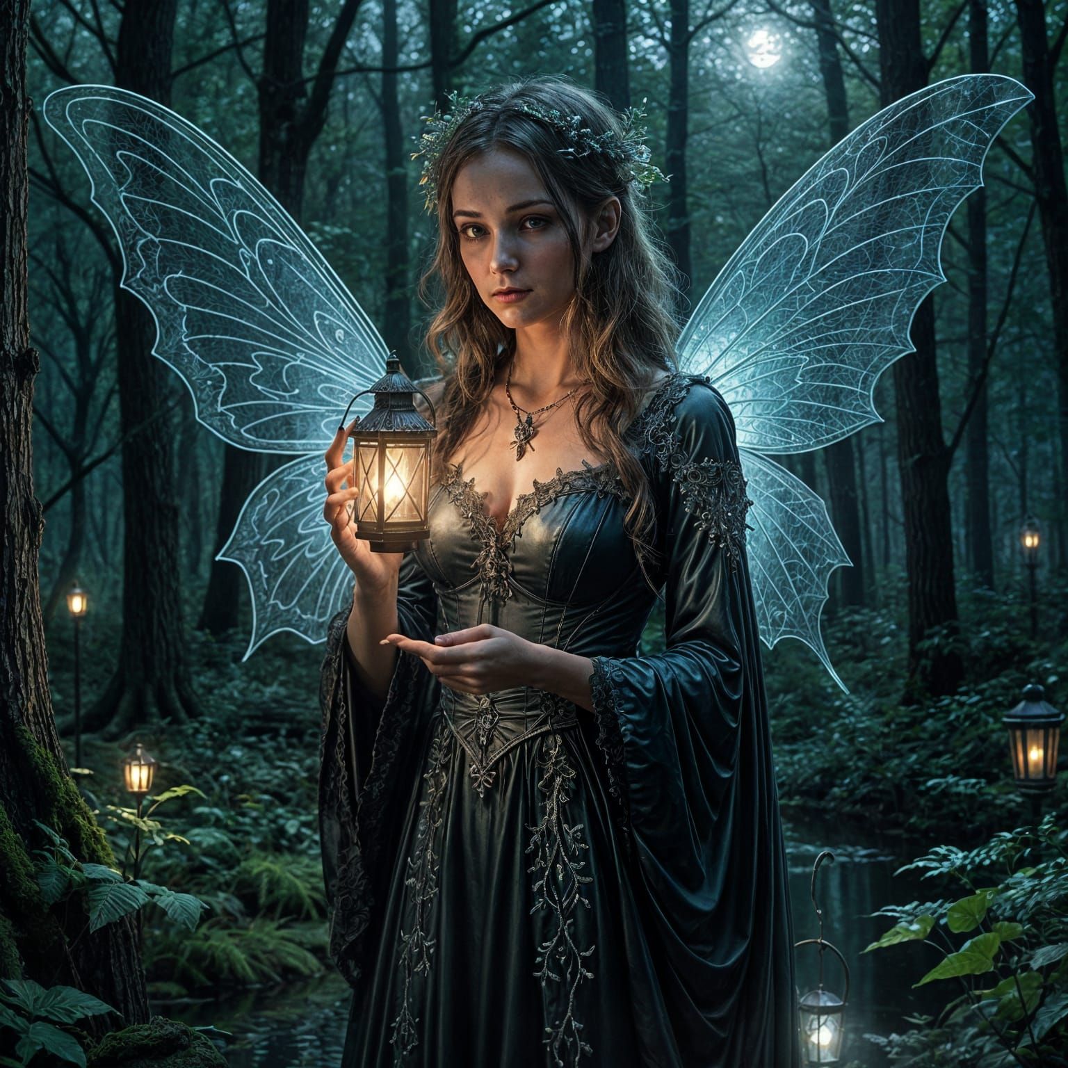 Gothic Fairy with Bioluminescent Wings in Forest