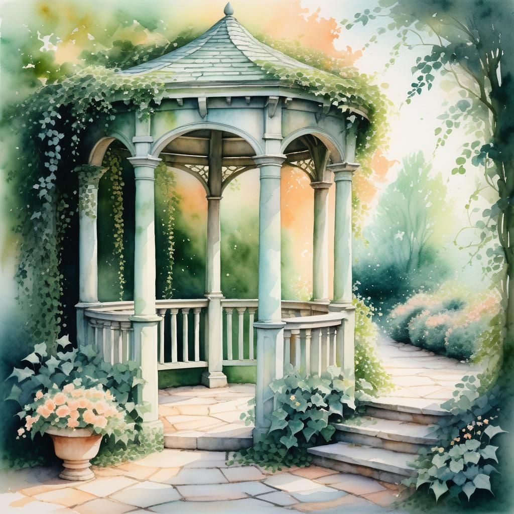 Ethereal Watercolor Gazebo in Impressionist Style