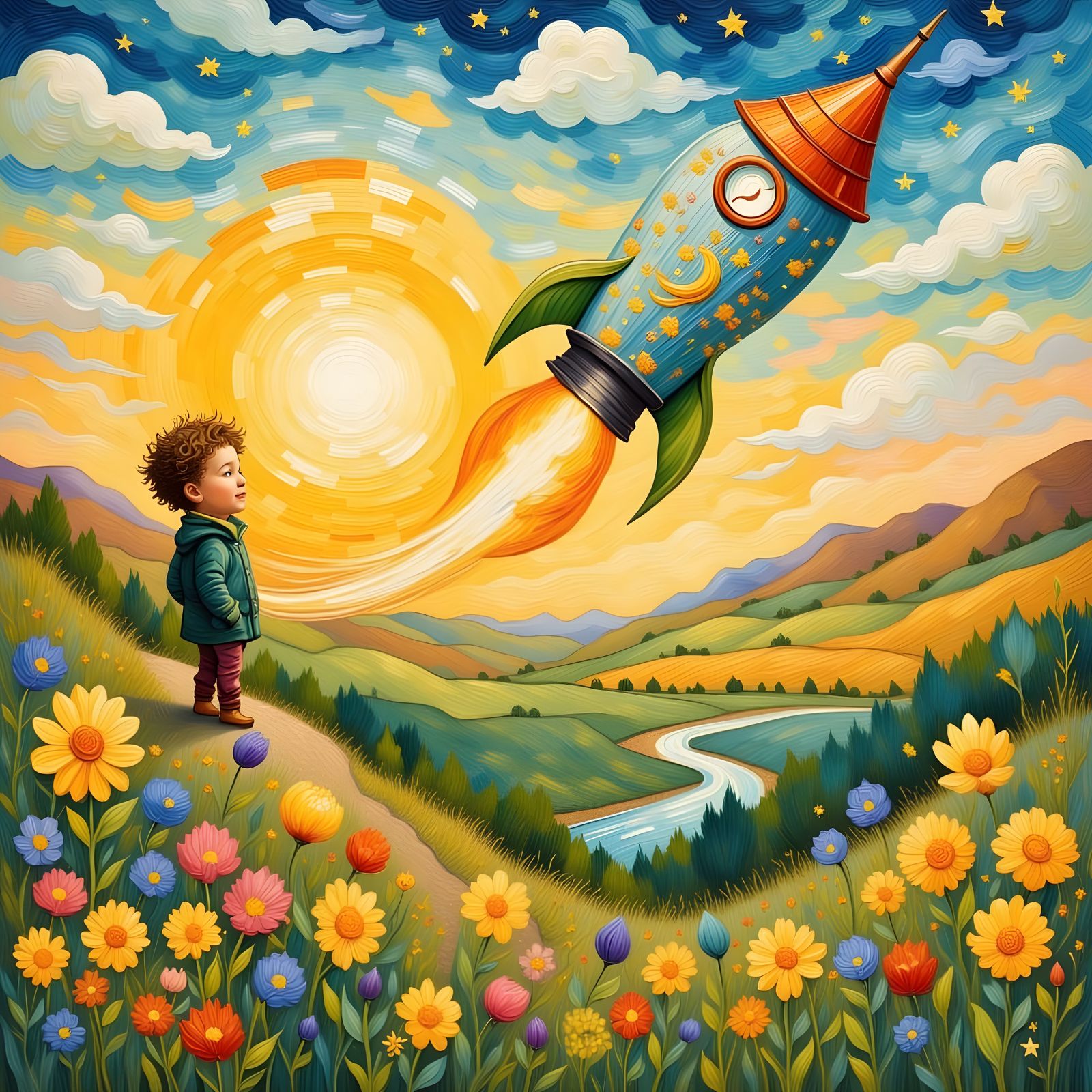 A whimsical painting of a child launching a homemade rocket ...