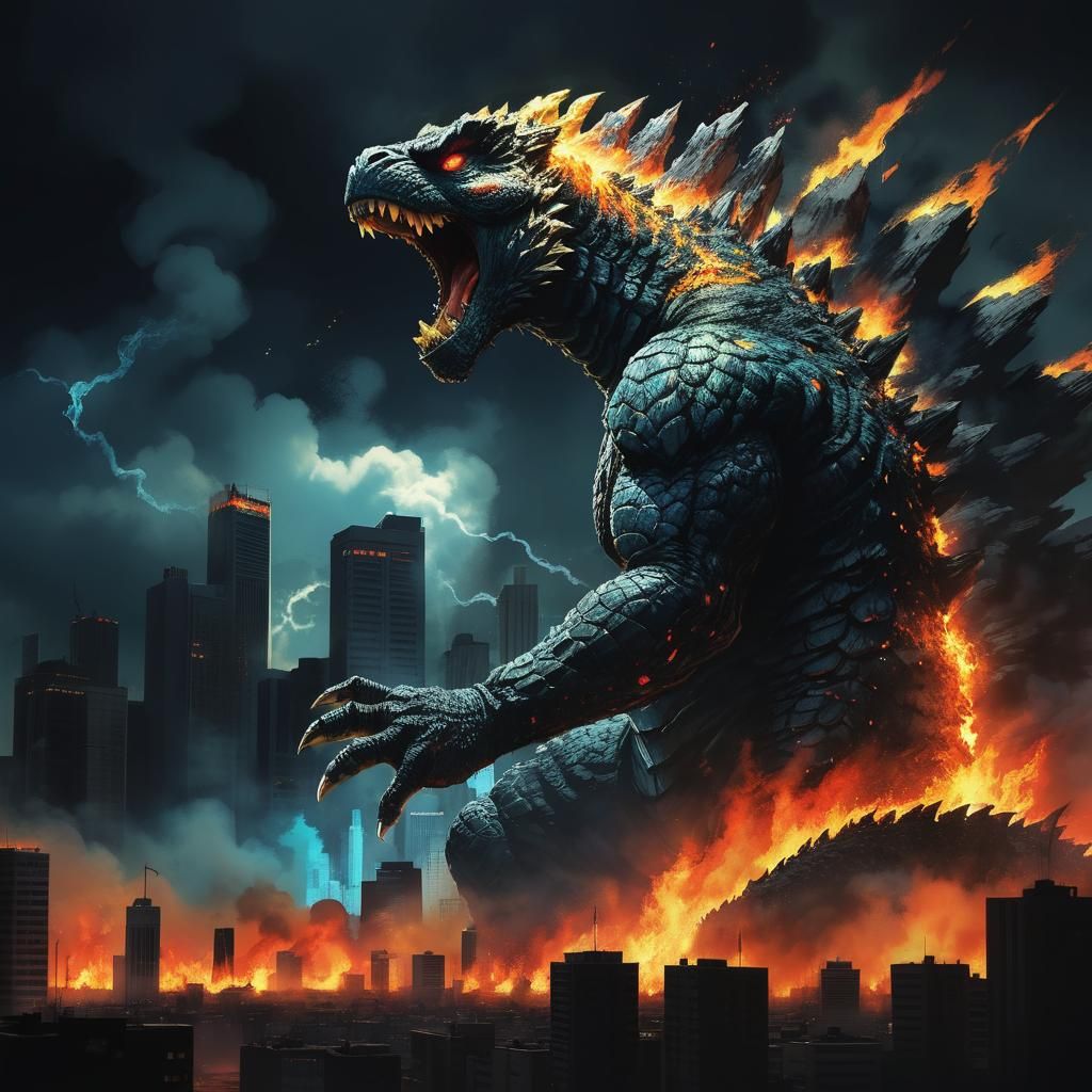 Godzilla Roars in Fiery Comic Book Style