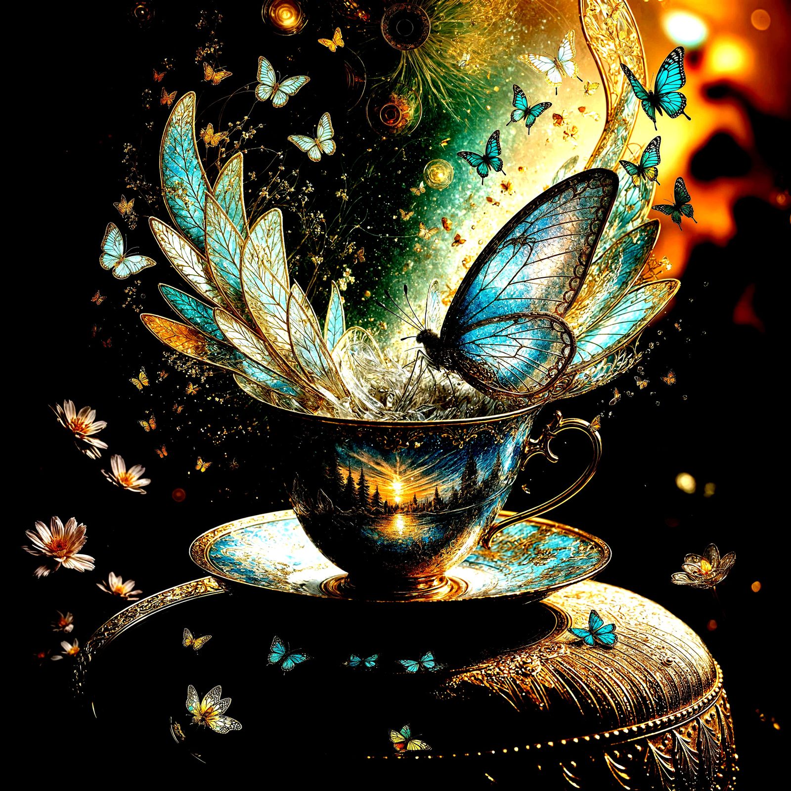 Ornate Teacup on Velvet Cushion with Iridescent Butterflies ...