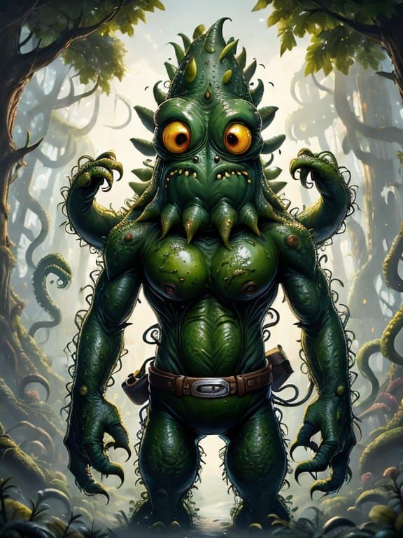 Playful Anthropomorphic Pickle Monster in Tentacle Forest