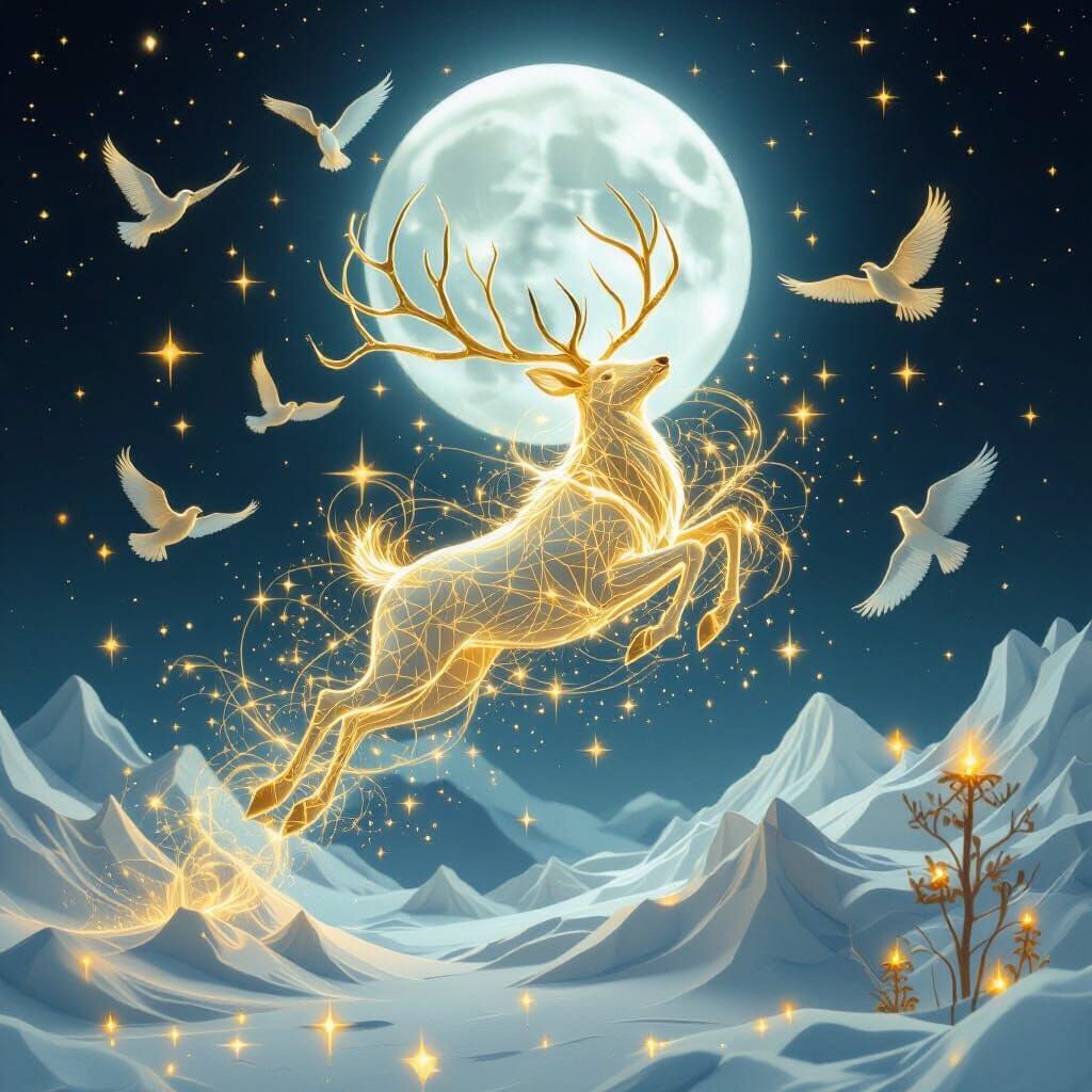 Luminous Stag Leaping in Celestial Paper-Craft Style