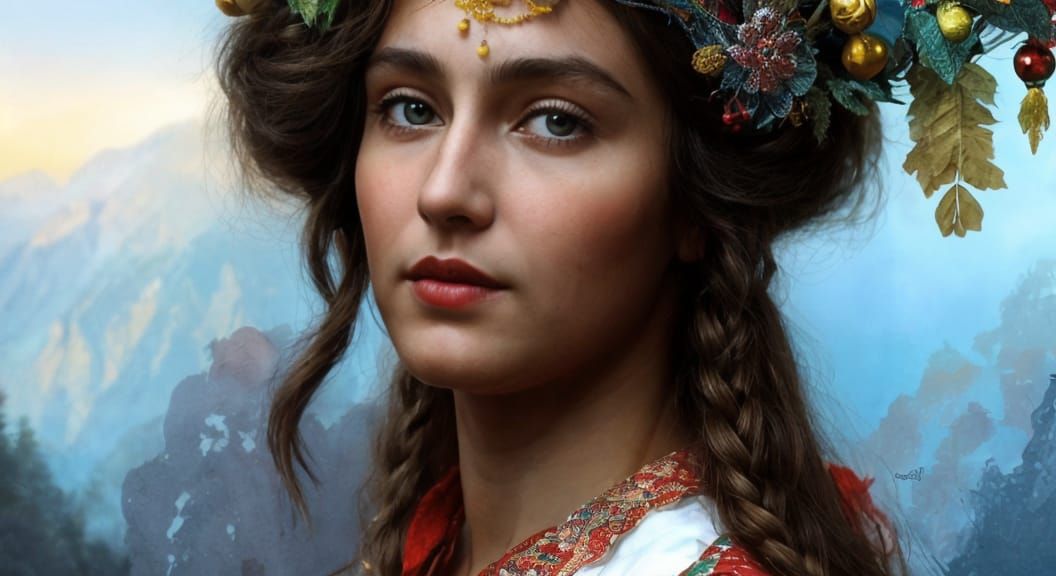 Serbian Folk Art: Girl with Daire Instrument