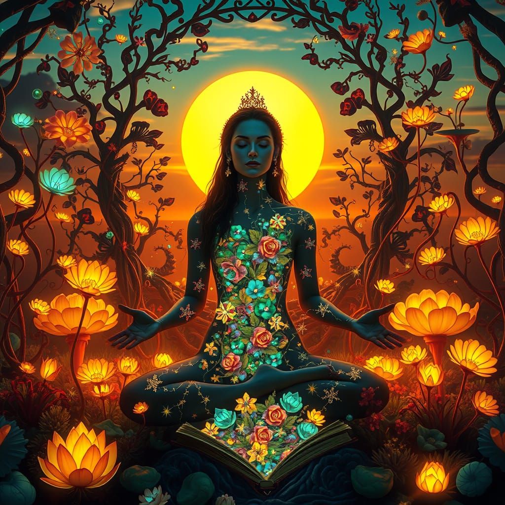 Ethereal Dreamscapes: Mystical Woman Amidst Sunset Labyrinth