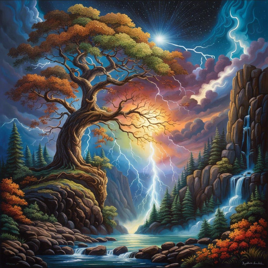 Majestic Thunderstorm Tree: Hyperrealistic Gouache Painting