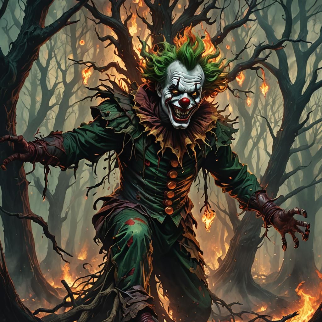 Killer Clown Transforms into Tree in Burning Forest