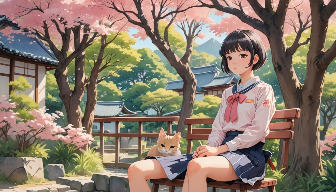 Anime Girl in Japanese Village, Ghibli-Inspired Illustration